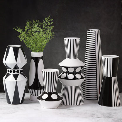 Black And White Striped Geometric Ceramic Vase Flower Ornaments