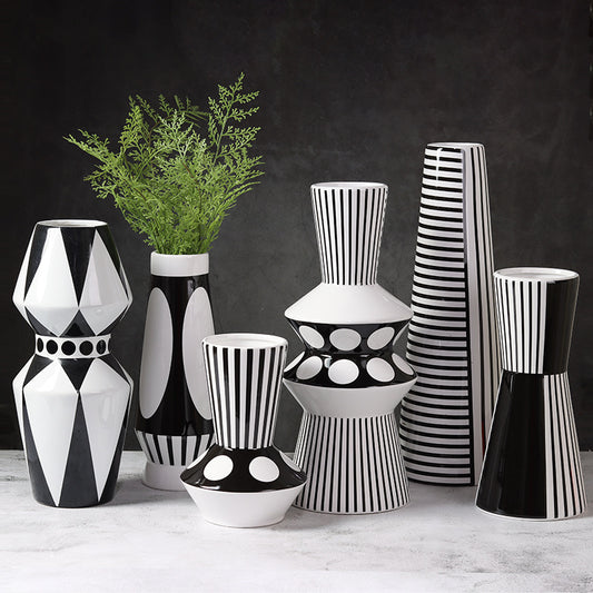 Black And White Striped Geometric Ceramic Vase Flower Ornaments