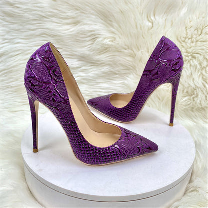 Beautiful purple embossed lace swirl design women's high heels