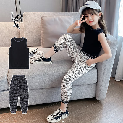 Girls Korean Style Sleeveless Two-piece Sports Suit