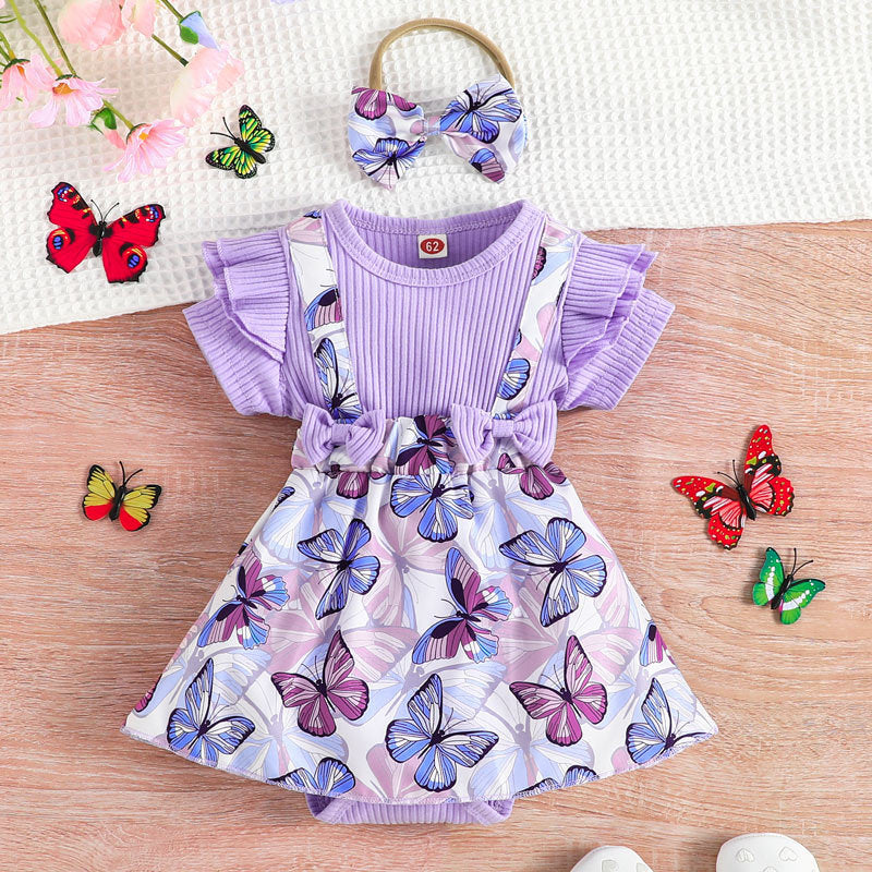 Little Girl Butterfly Print Dress Romper Skirt Scarf Two-piece Set