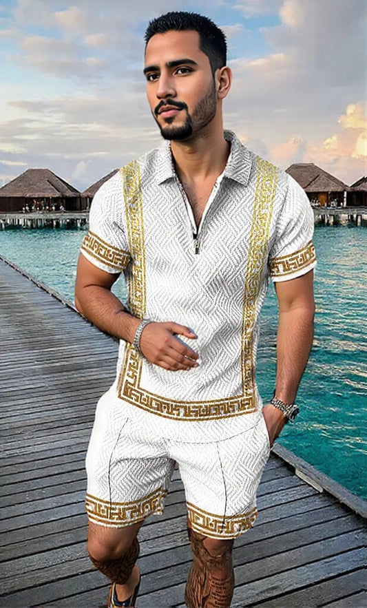 Men's Summer Fashion 3D Printed Short Sleeve Geometric Zip Lapel Shirt Set