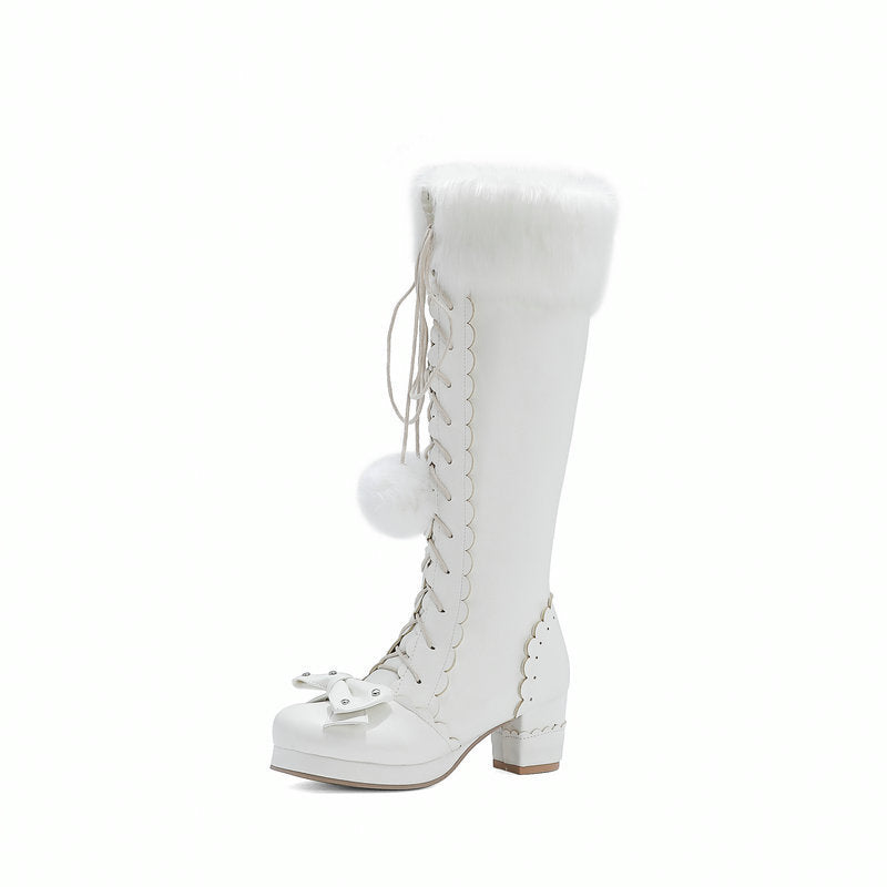 Lace-up high-top fur ball warm boots