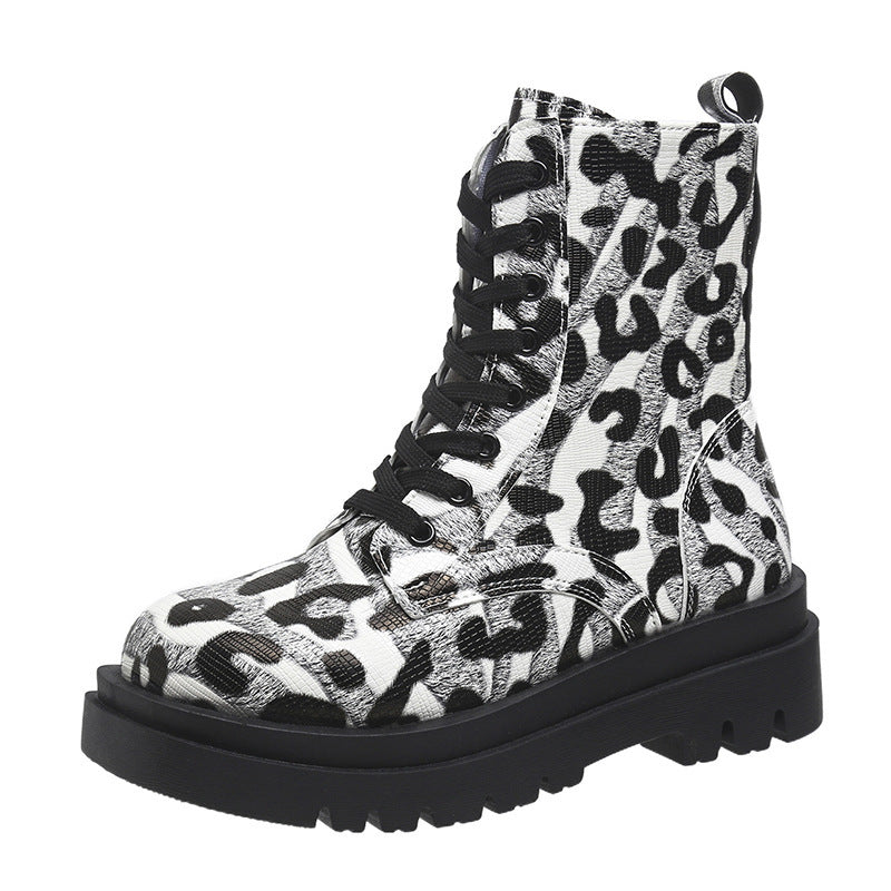 Women Martin Boots Black White Leopard Print Low Heel Shoes Cowgirl Boots