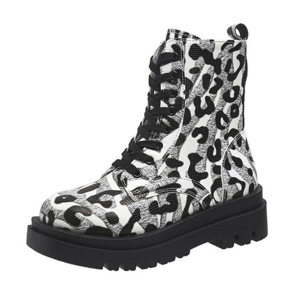 Women Martin Boots Black White Leopard Print Low Heel Shoes Cowgirl Boots