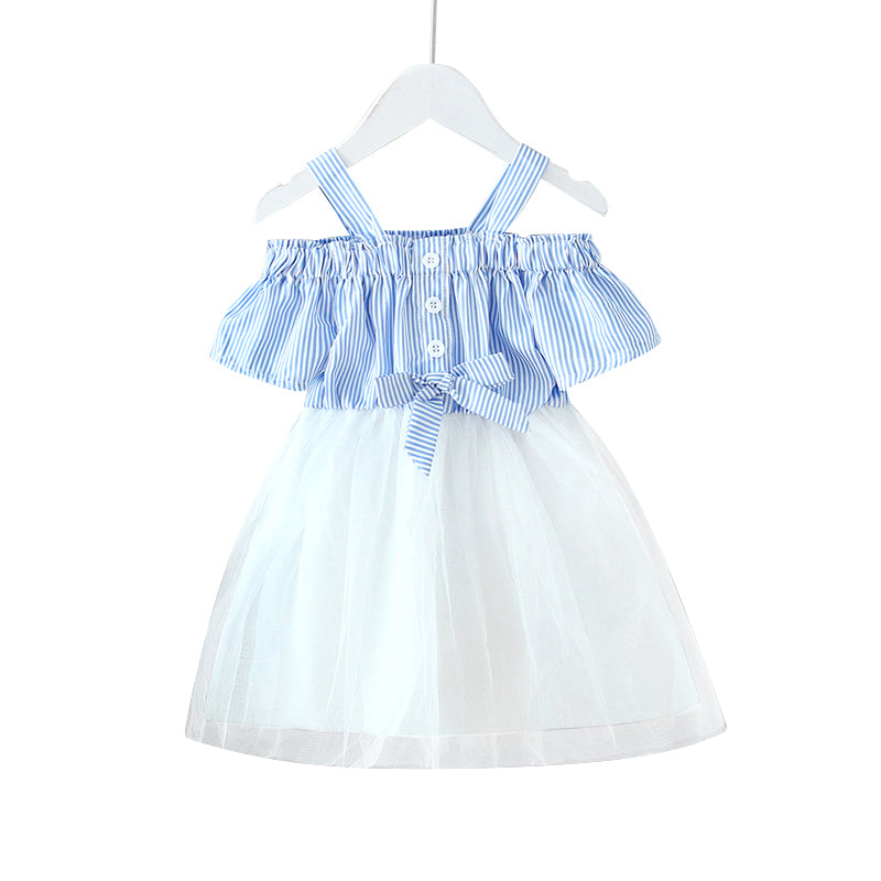 Striped Bow Net Yarn Suspender Skirt Baby Princess Dress Fluffy Yarn