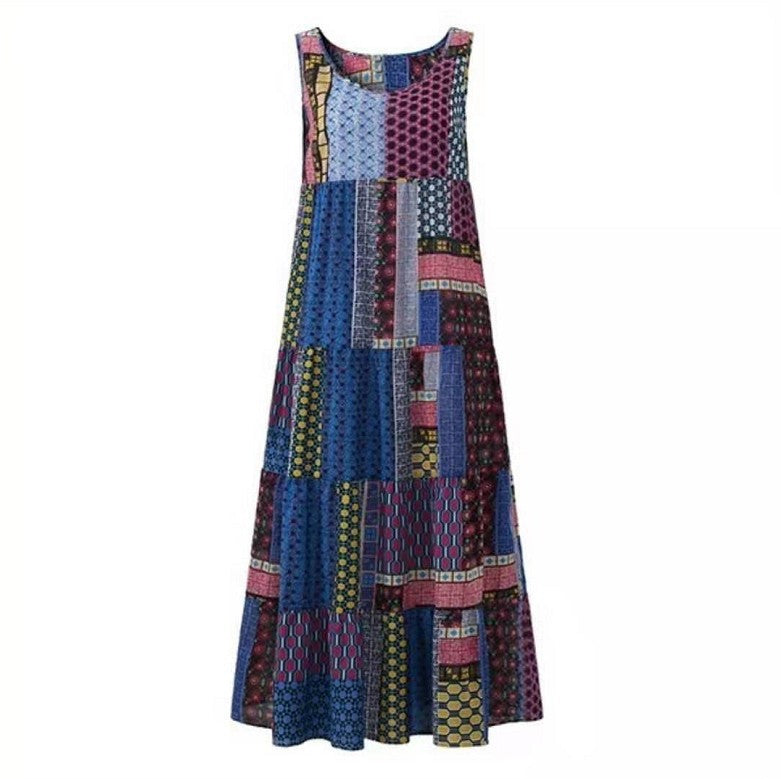National style printed sleeveless plus size midi skirt