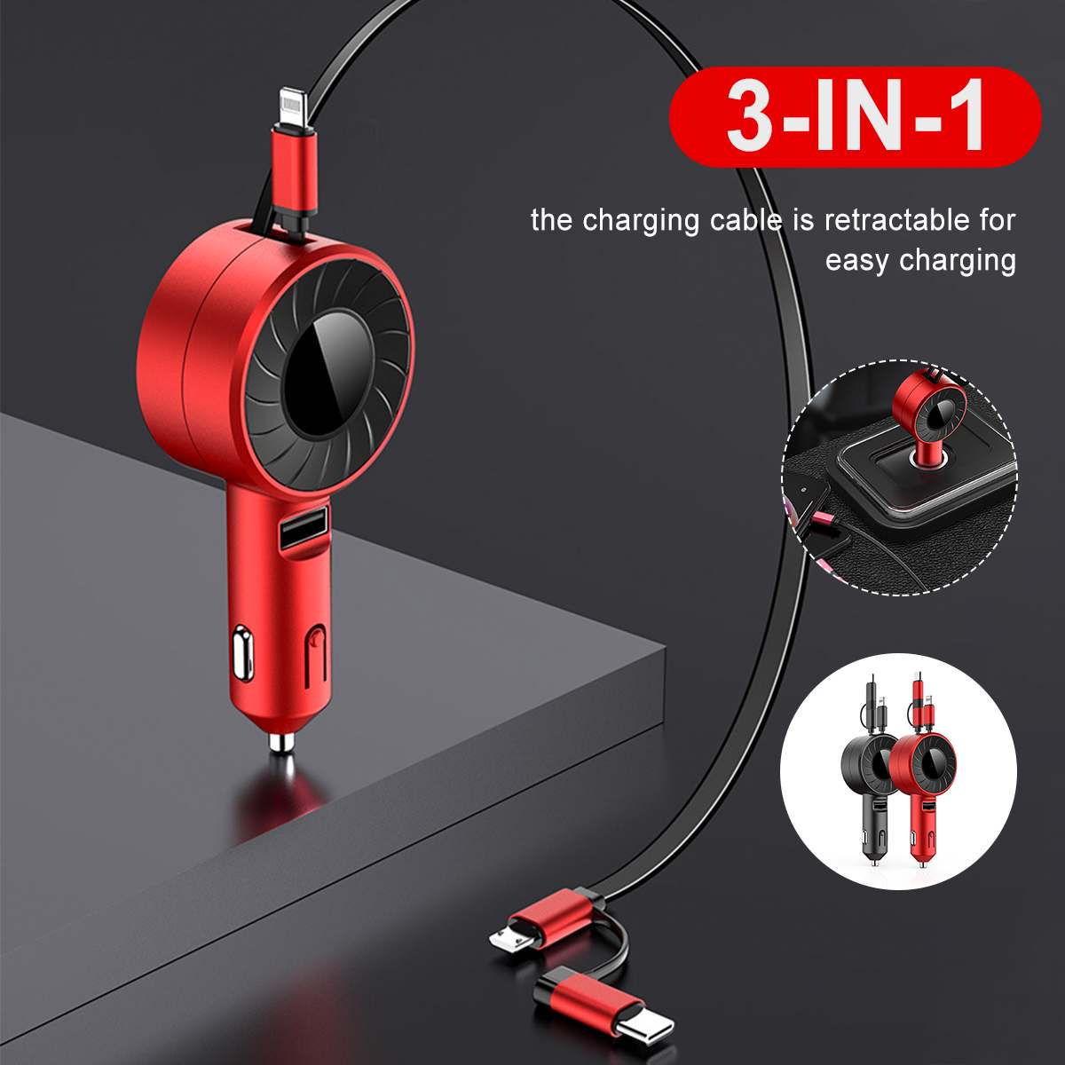 3-in-1 Fast Charging Car Charger for iOS, Android & Type-C - 4.2A Retractable Cable for Trucks and SUVs