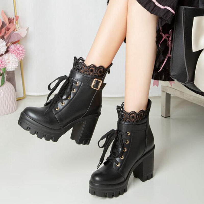 Lace Ankle Boots Lace-up Square Heeled Shoes Women White Black Boots