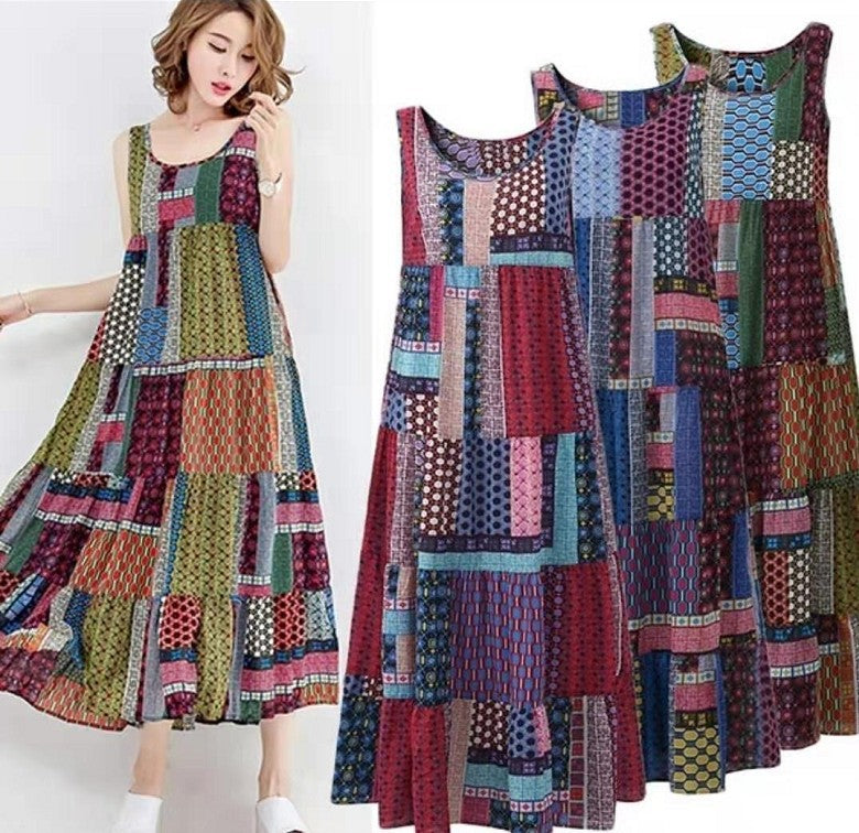 National style printed sleeveless plus size midi skirt