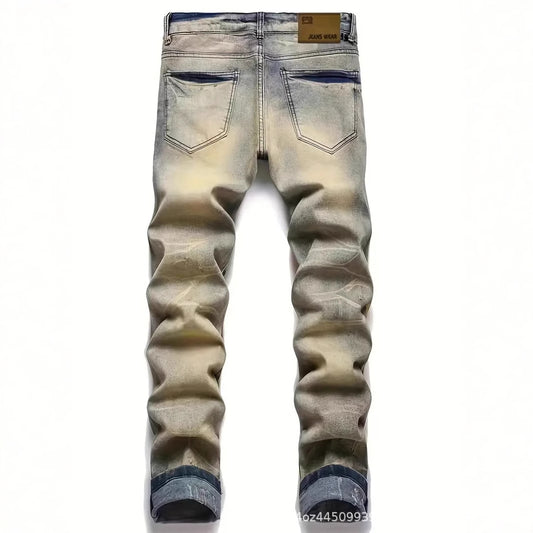 Slim-fit Stretch Ripped Embroidered Vintage Patch Jeans