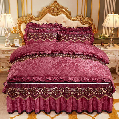 European Style Velvet Quilted Bed Skirt Four-Piece Suit