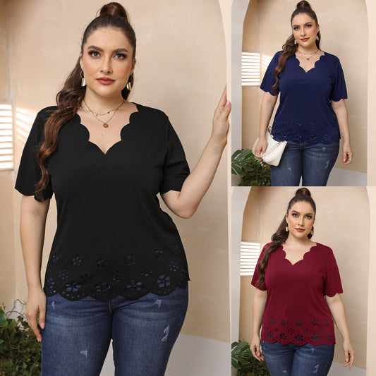 Ladies Plus Size Burnt Floral Hollow Out Wavy Deep V T-Shirt