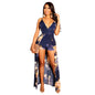 V-neck printed tie with bare back jumpsuit