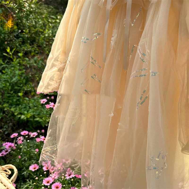 Girls Temperament Casual Mesh Lantern Sleeve Princess Dress