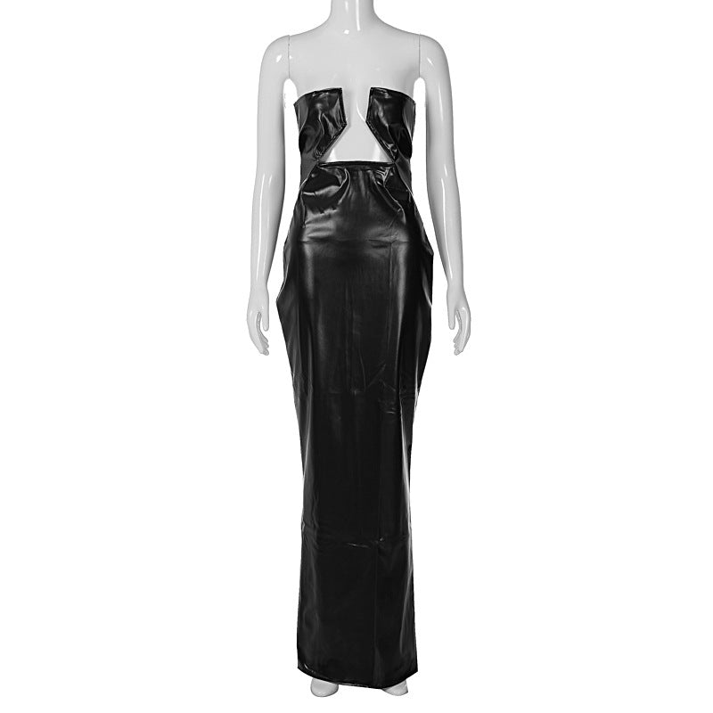New Fashion Solid Color PU Leather Tube Top Dress