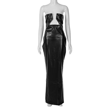 New Fashion Solid Color PU Leather Tube Top Dress
