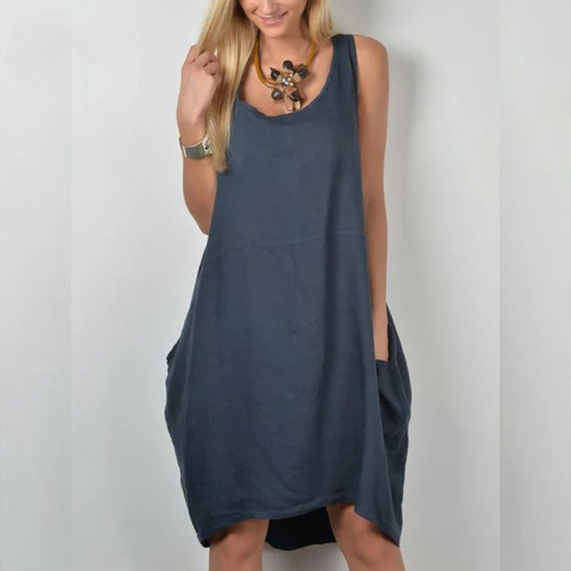 Plus Size Casual Solid Color Sleeveless Pocket Dress