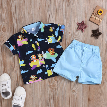 Summer boys and girls suit cartoon printed shirt solid color shorts suit