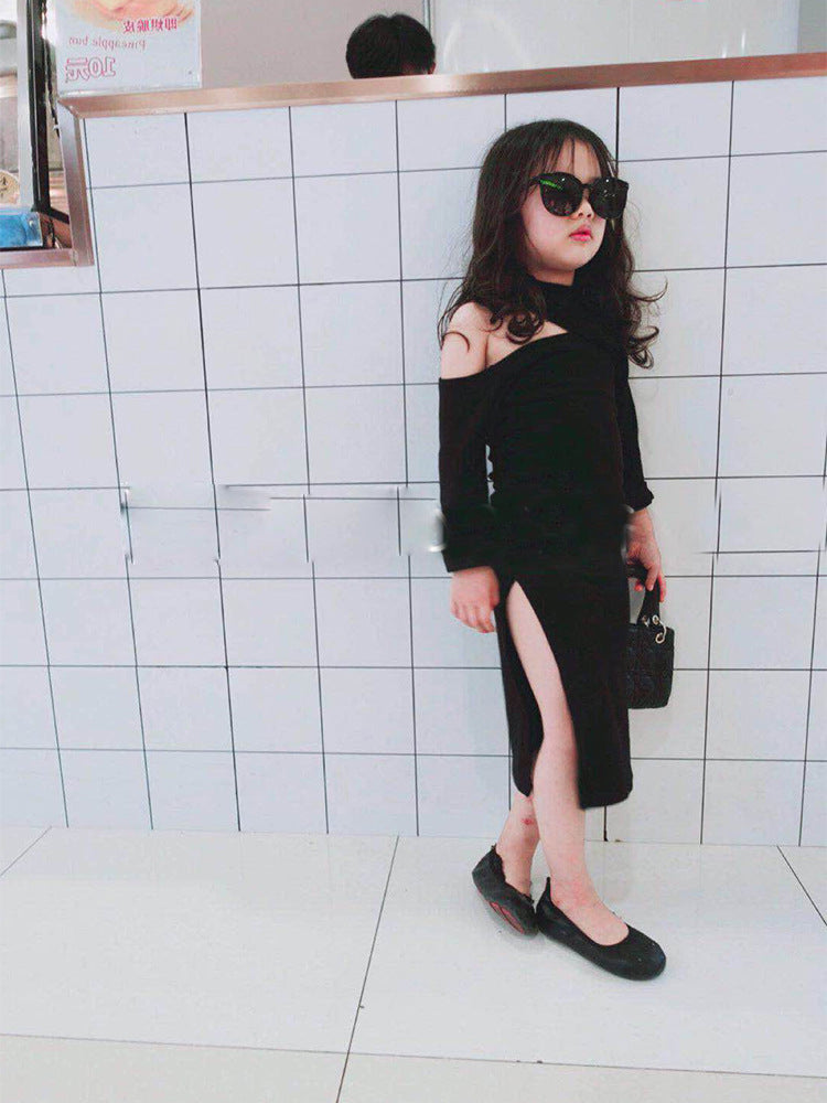 Spring and summer girls'' off shoulder dress children''s fashion children''s skirt bottomed skirt
