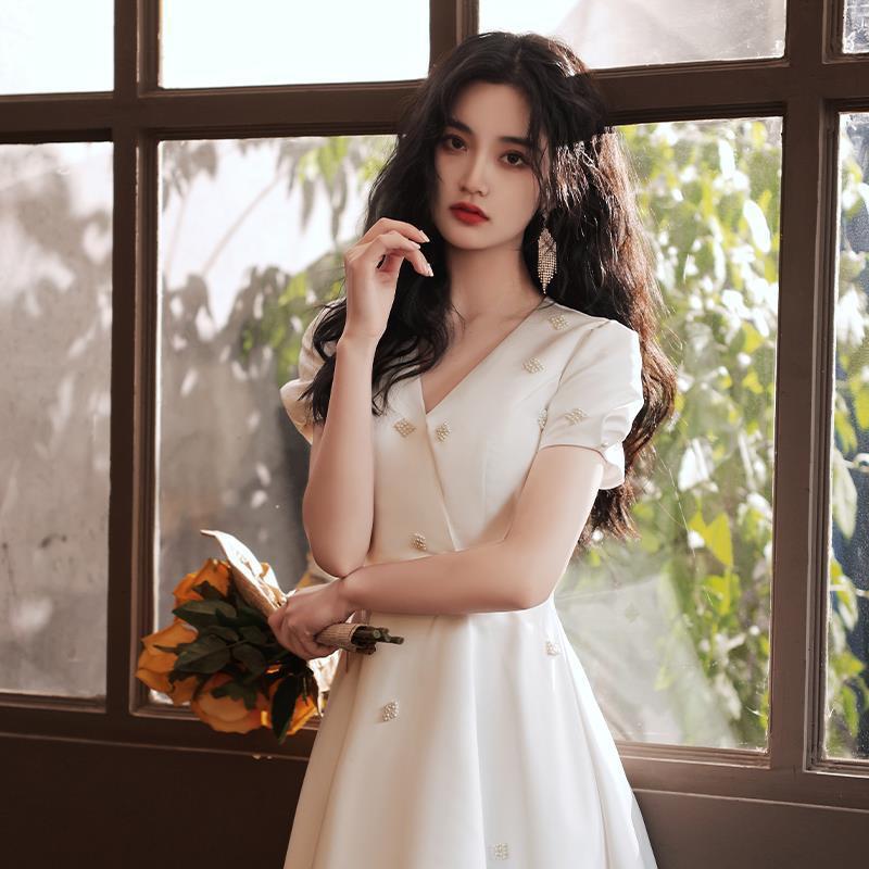 French Bridesmaid Cheongsam Satin Light Wedding Small Evening Dress Women