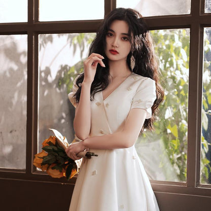 French Bridesmaid Cheongsam Satin Light Wedding Small Evening Dress Women