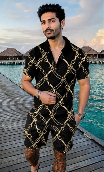 Men's Summer Fashion 3D Printed Short Sleeve Geometric Zip Lapel Shirt Set