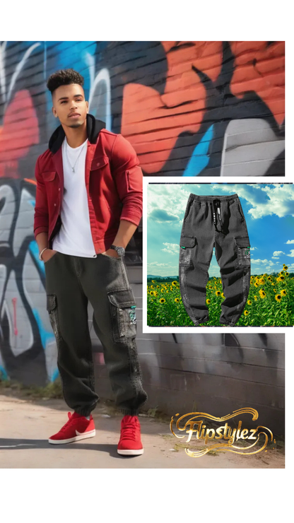 Men's Black Urban Style Street Retro Tooling Loose Plus Size Pants