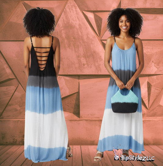 New Blue tie dye pattern Summer Strap Loose Split Vest Dress for women