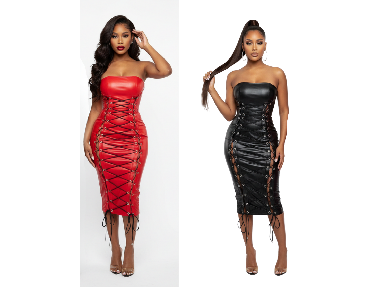 Midnight Faux-Leather Strapless Gown | Black High-Slit Maxi Sheath Dress