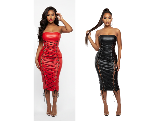 Midnight Faux-Leather Strapless Gown | Black High-Slit Maxi Sheath Dress