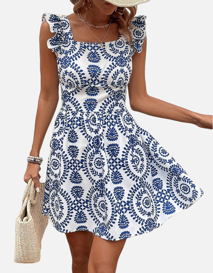 Printed Lace-up Back Backless Frill Holiday Dress