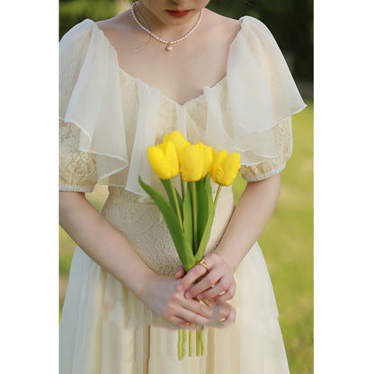 French Retro Light Wedding Puff Sleeve Lace Dress