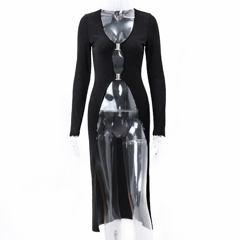V-neck Low-cut Metal Buckle Cardigan Dress Hot Girl