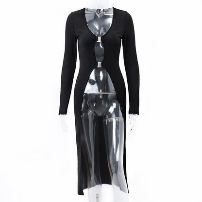 V-neck Low-cut Metal Buckle Cardigan Dress Hot Girl
