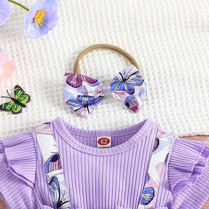 Little Girl Butterfly Print Dress Romper Skirt Scarf Two-piece Set