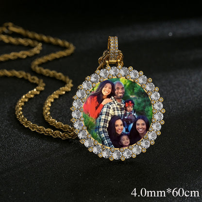 Hip Hop Diamond Round Photo Frame Couple Memorial Photo Pendant Necklace