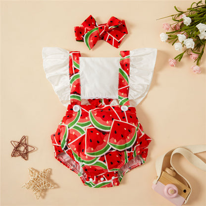 Spring And Summer New Watermelon Strawberry Printing Flounced Sleeve Sling Romper Headband Set