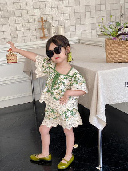Girls' Summer Suits Sweet Lace Shirt Lace Shorts Two-piece Set