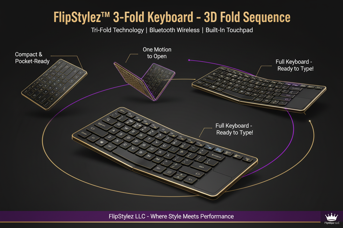 3D Dynamic Fold Sequence Render Black Tri-Fold Keyboard Purple Gold Motion Path FlipStylez