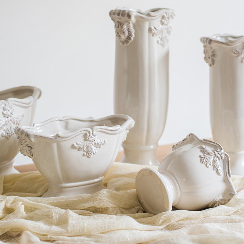 Pedestal Flower Vase Flower Pot Ceramic Glaze Ornament White Porcelain