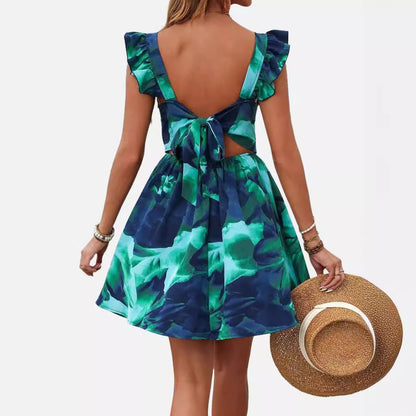 Printed Lace-up Back Backless Frill Holiday Dress