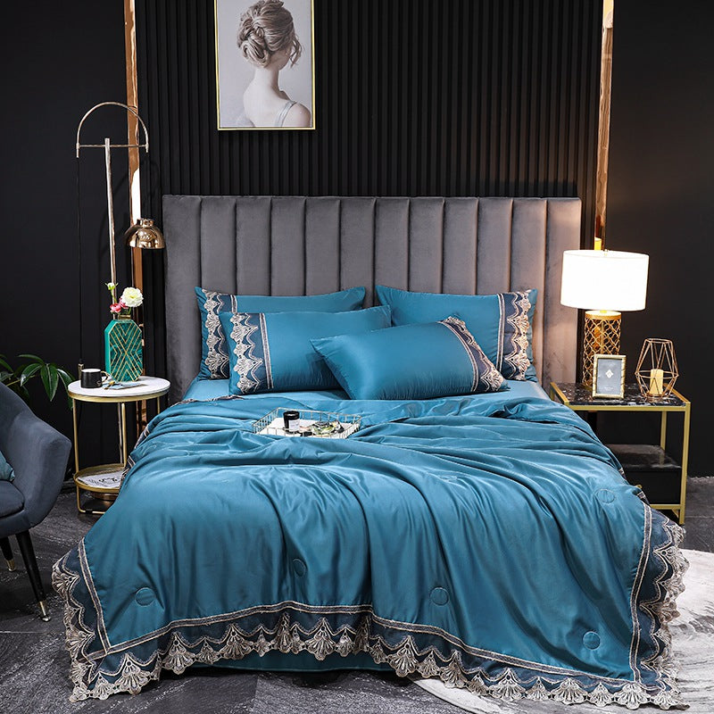 Ice Silk Four-piece Embroidered European Style Lace Edge Washable Air-conditioning Quilt