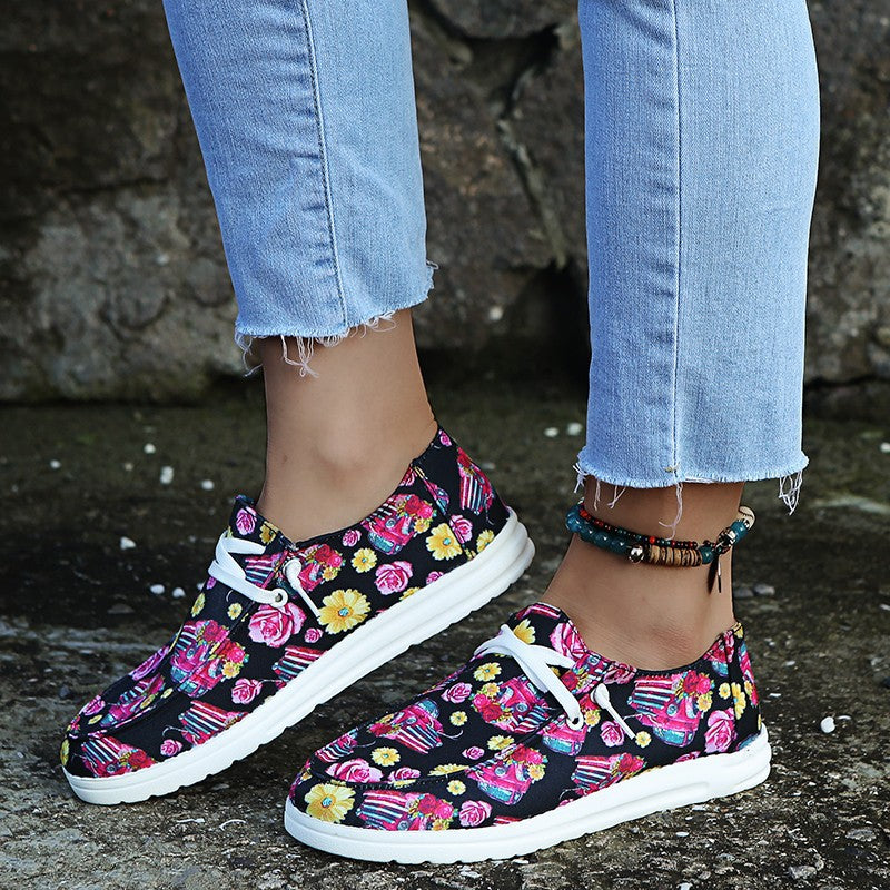 Loafers Women Sunflower Print Flats Casual Canvas Shoes Non-lace Lazy Shoes - FLIPSTYLEZLLC