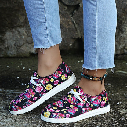 Loafers Women Sunflower Print Flats Casual Canvas Shoes Non-lace Lazy Shoes - FLIPSTYLEZLLC