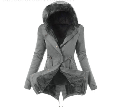 Fur collar drawstring solid color warm cotton coat
