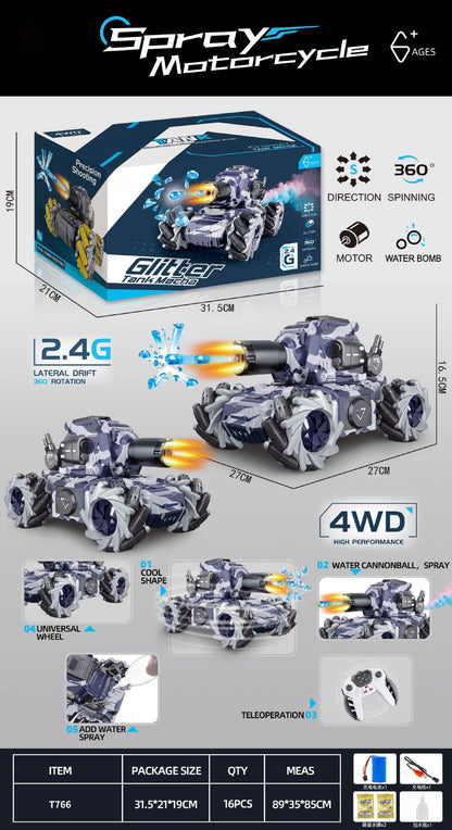 Remote Control Tank Fire-breathing Water Bomb Camouflage Chariot Four-wheel Drive Stunt Spray Music Toy Car