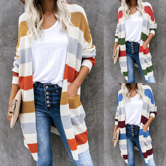 Striped Stitching Sweater New Product Long Color Blocking Pocket Knitted Cardigan