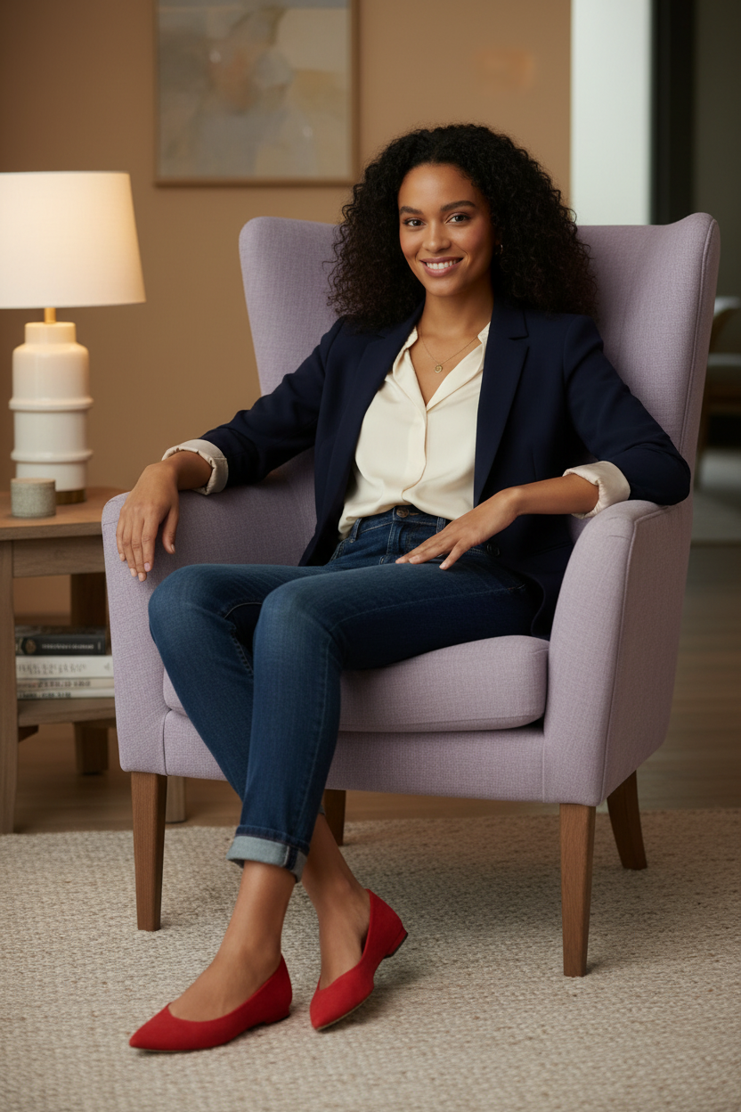 40-year-old bi-racial woman in light purple chair wearing red flat shoes
