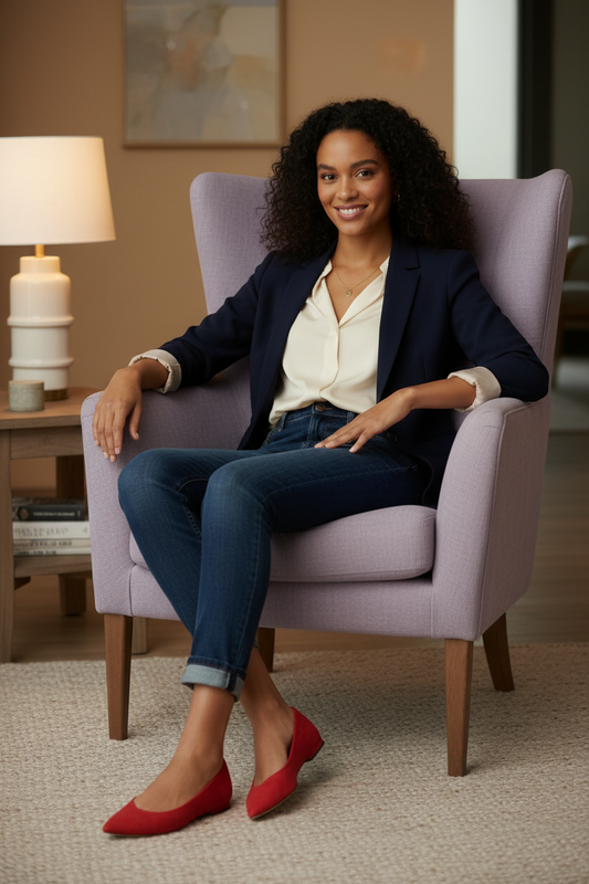 40-year-old bi-racial woman in light purple chair wearing red flat shoes